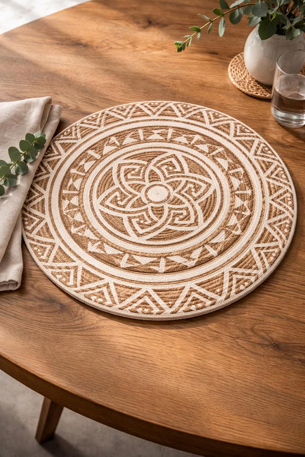 Prista Round Jute Placemat with Geometric/Boho Pattern | Handwoven Cotton Jute Table Mat | Boho Dining Table & Coffee Table Decor | 38 cm (1, Tribal Mandala)