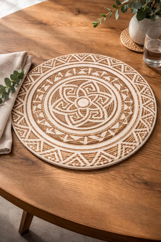 Prista Round Jute Placemat with Geometric/Boho Pattern | Handwoven Cotton Jute Table Mat | Boho Dining Table & Coffee Table Decor | 38 cm (1, Tribal Mandala)