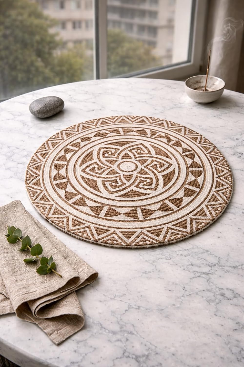 Prista Round Jute Placemat with Geometric/Boho Pattern | Handwoven Cotton Jute Table Mat | Boho Dining Table & Coffee Table Decor | 38 cm (1, Tribal Mandala)