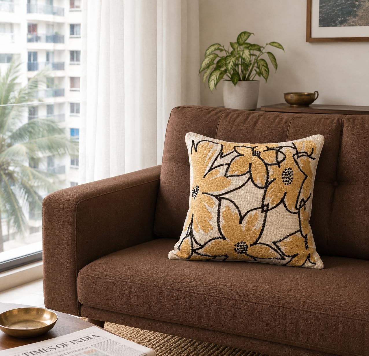 Prista Embroidered Cushion Cover 16x16 Inch | Decorative Textured Throw Pillow Cover for Sofa, Living Room & Bedroom | Cotton Slub Cushion Cover | Boho Home Decor | 40 x 40 cm (1, Golden Bloom)