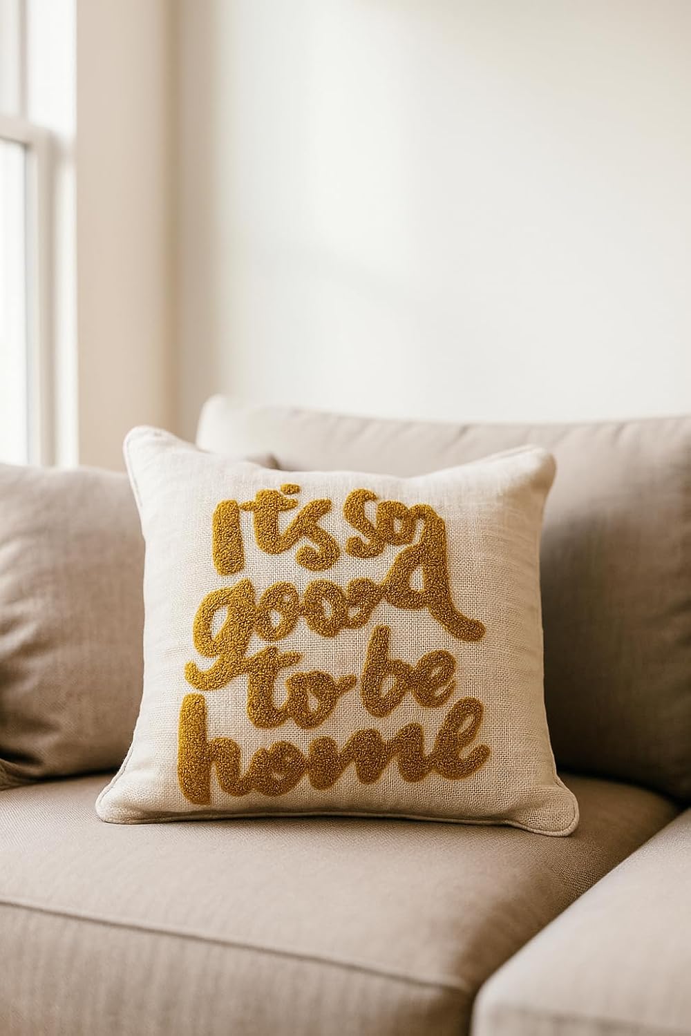 Prista Handcrafted Aesthetic Cushion Cover for Sofa & Living Room | Handcrafted Designer Cushion Cover for Bedroom & Home Décor – 16x16 Inch | Quoted Its So Good to be Home (Off White and Mustard)