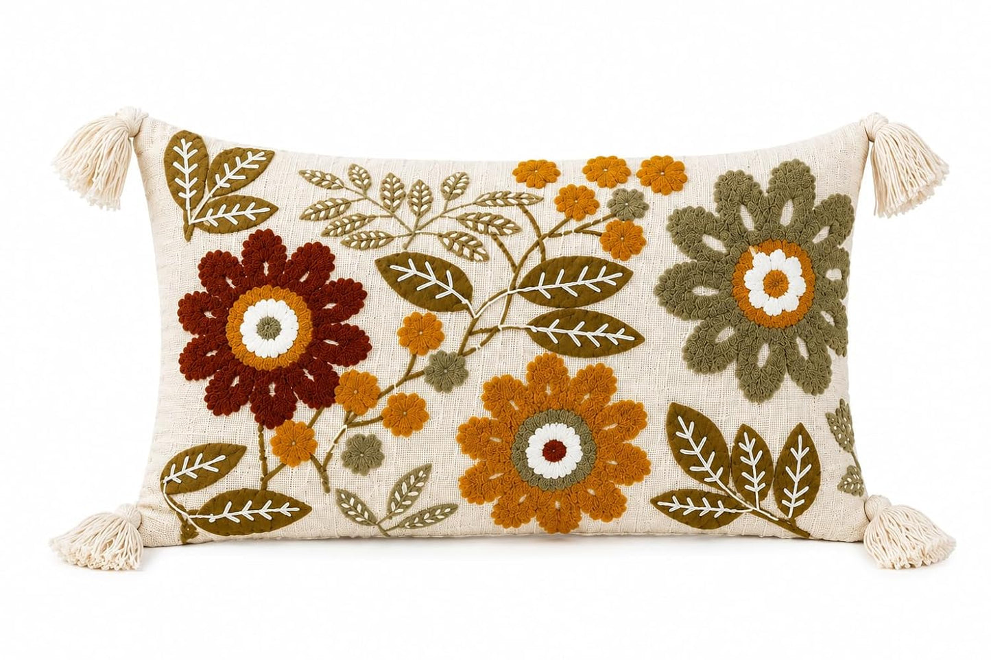 Prista Floral Embroidered Cushion Cover 12x20 Inch | Hand Embroidered Slub Cotton Lumbar Pillow Cover with Tassels | Boho Decorative Cushion for Sofa, Bed & Living Room (Autumn Bloom)