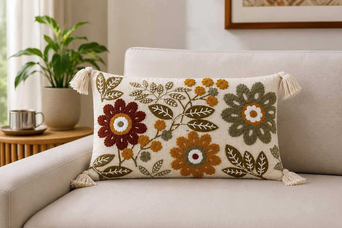 Prista Floral Embroidered Cushion Cover 12x20 Inch | Hand Embroidered Slub Cotton Lumbar Pillow Cover with Tassels | Boho Decorative Cushion for Sofa, Bed & Living Room (Autumn Bloom)