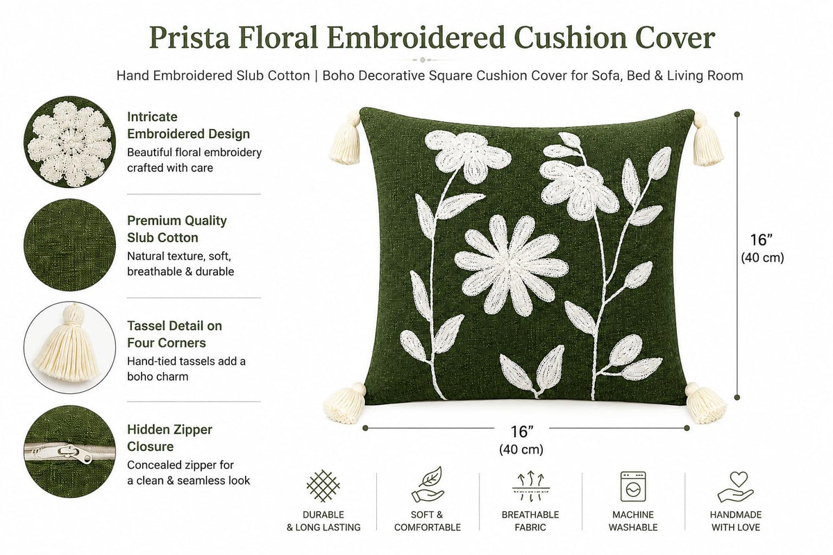 Prista Embroidered Cushion Cover 16x16 Inch | Decorative Textured Throw Pillow Cover for Sofa, Living Room & Bedroom | Cotton Slub Cushion Cover | Boho Home Decor | 40 x 40 cm (1, Golden Bloom)