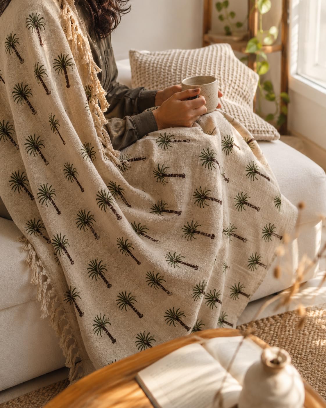 Prista Handblock Printed Throw Blanket with Tassels | Soft Cotton Decorative Throw for Sofa, Bed & Couch | Floral Printed Boho Throw Blanket for Living Room Decor (75x 52 inches) (Daisy)