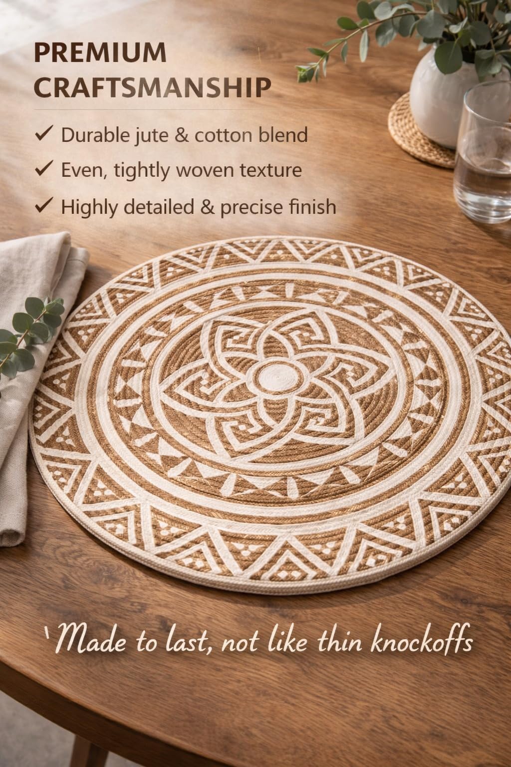 Prista Round Jute Placemat with Geometric/Boho Pattern | Handwoven Cotton Jute Table Mat | Boho Dining Table & Coffee Table Decor | 38 cm (1, Tribal Mandala)