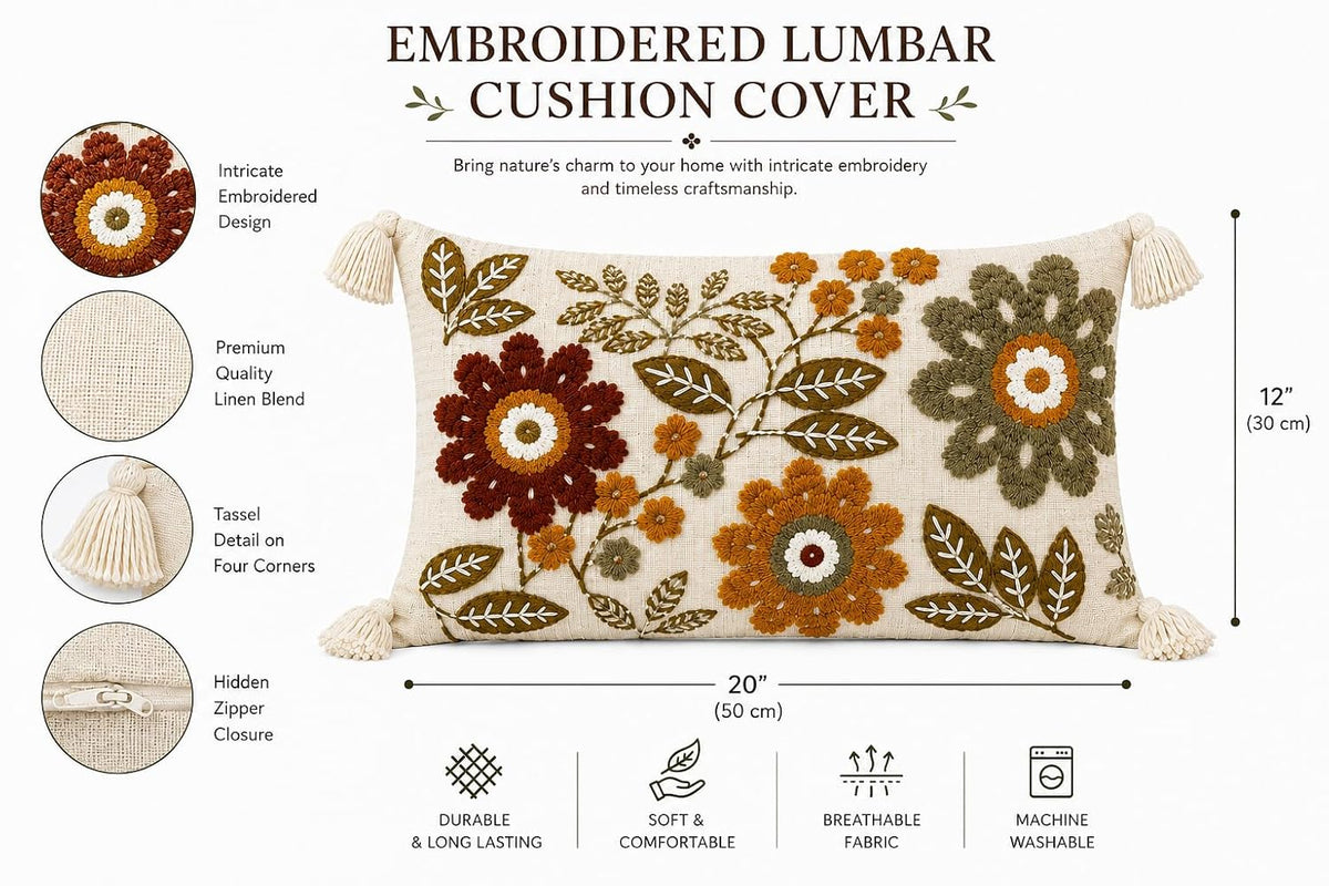Prista Floral Embroidered Cushion Cover 12x20 Inch | Hand Embroidered Slub Cotton Lumbar Pillow Cover with Tassels | Boho Decorative Cushion for Sofa, Bed & Living Room (Autumn Bloom)