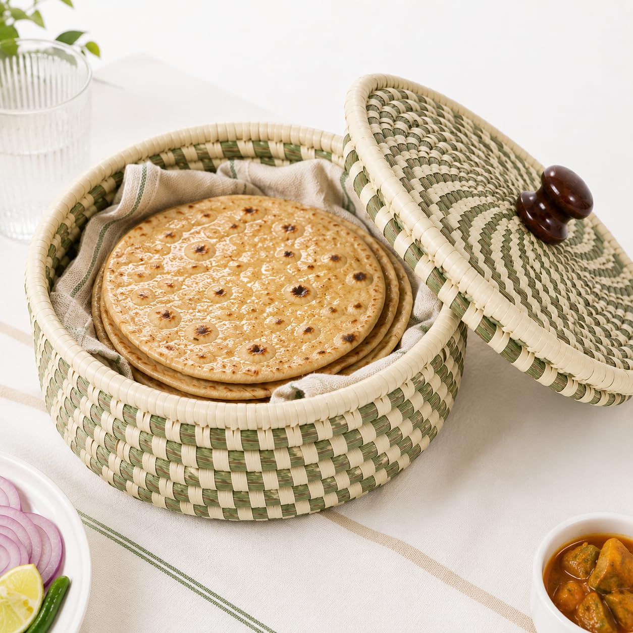 Handcrafted Sabai Grass Roti Box with Lid | Eco-Friendly Chapati Storage Basket for Kitchen | Natural Insulated Roti/Chapati Box with Wooden Knob – Keeps Rotis Warm (Red)