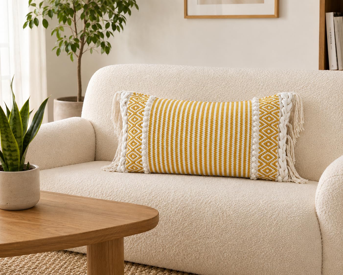 Boho Cotton Lumbar Cushion Cover 20x12 Inch with Fringe & Hidden Zip – Premium Decorative Rectangular Cushion for Sofa, Bed & Living Room Home Décor