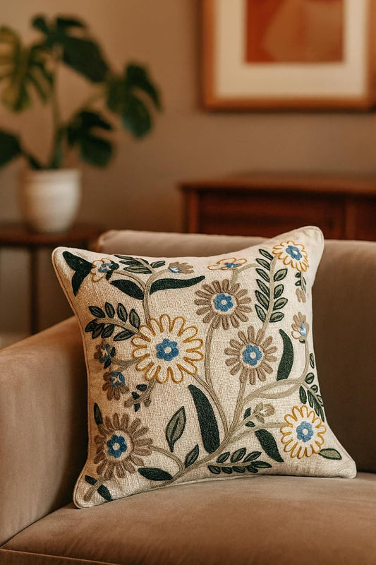 Prista Hand-Embroidered Cushion Cover | Off White Slub Cotton | 16x16 Inch | Floral Design with Multicolor Threadwork | Hidden Zip | Premium Decorative Pillow Cover for Sofa & Bedroom
