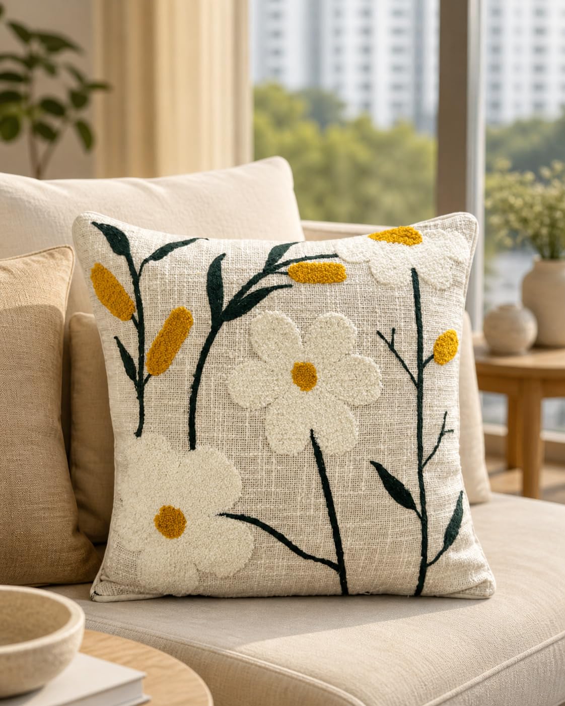 Prista Embroidered Cushion Cover 16x16 Inch | Decorative Textured Throw Pillow Cover for Sofa, Living Room & Bedroom | Cotton Slub Cushion Cover | Boho Home Decor | 40 x 40 cm (1, Golden Bloom)