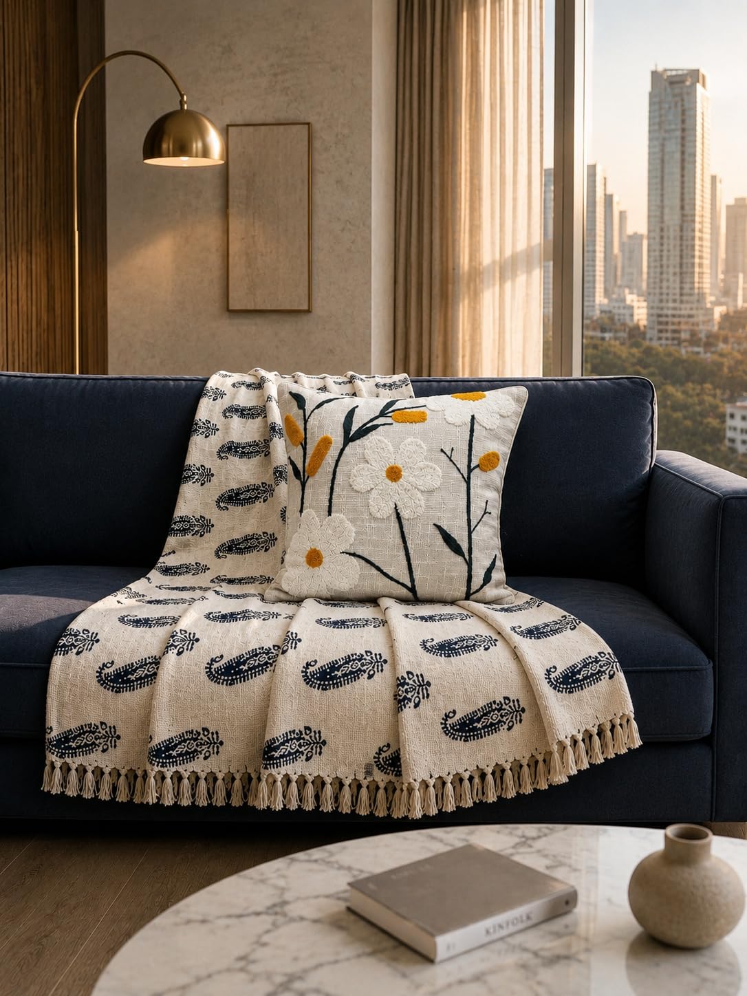 Prista Handblock Printed Throw Blanket with Tassels | Soft Cotton Decorative Throw for Sofa, Bed & Couch | Floral Printed Boho Throw Blanket for Living Room Decor (75x 52 inches) (Daisy)