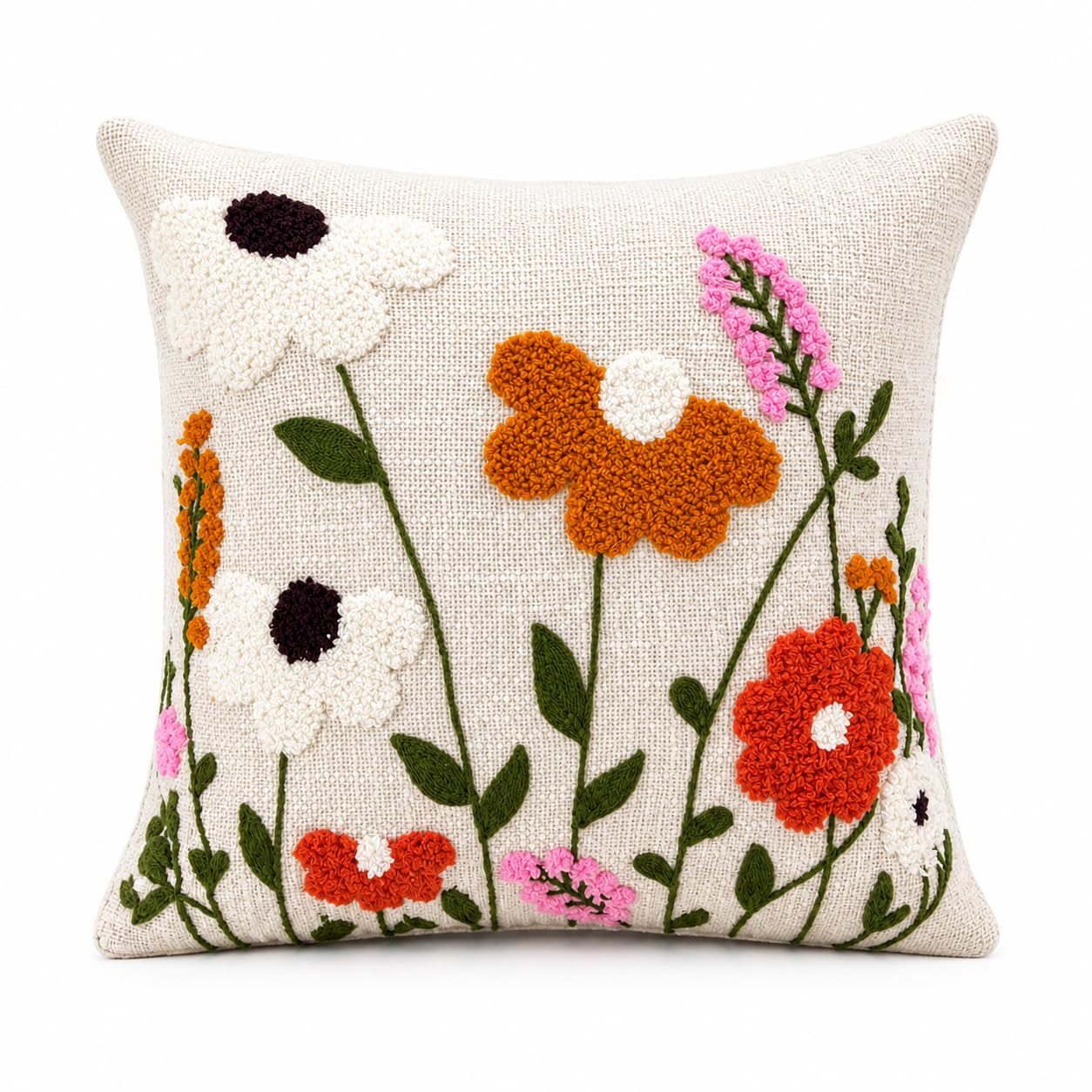 Prista Embroidered Cushion Cover 16x16 Inch | Decorative Textured Throw Pillow Cover for Sofa, Living Room & Bedroom | Cotton Slub Cushion Cover | Boho Home Decor | 40 x 40 cm (1, Golden Bloom)