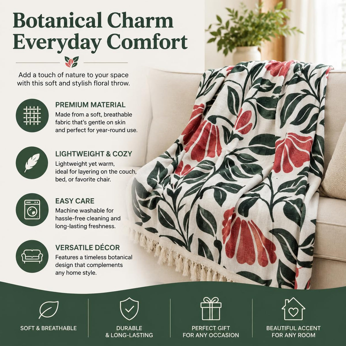 Prista Handblock Printed Throw Blanket with Tassels | Soft Cotton Decorative Throw for Sofa, Bed & Couch | Floral Printed Boho Throw Blanket for Living Room Decor (75x 52 inches) (Daisy)