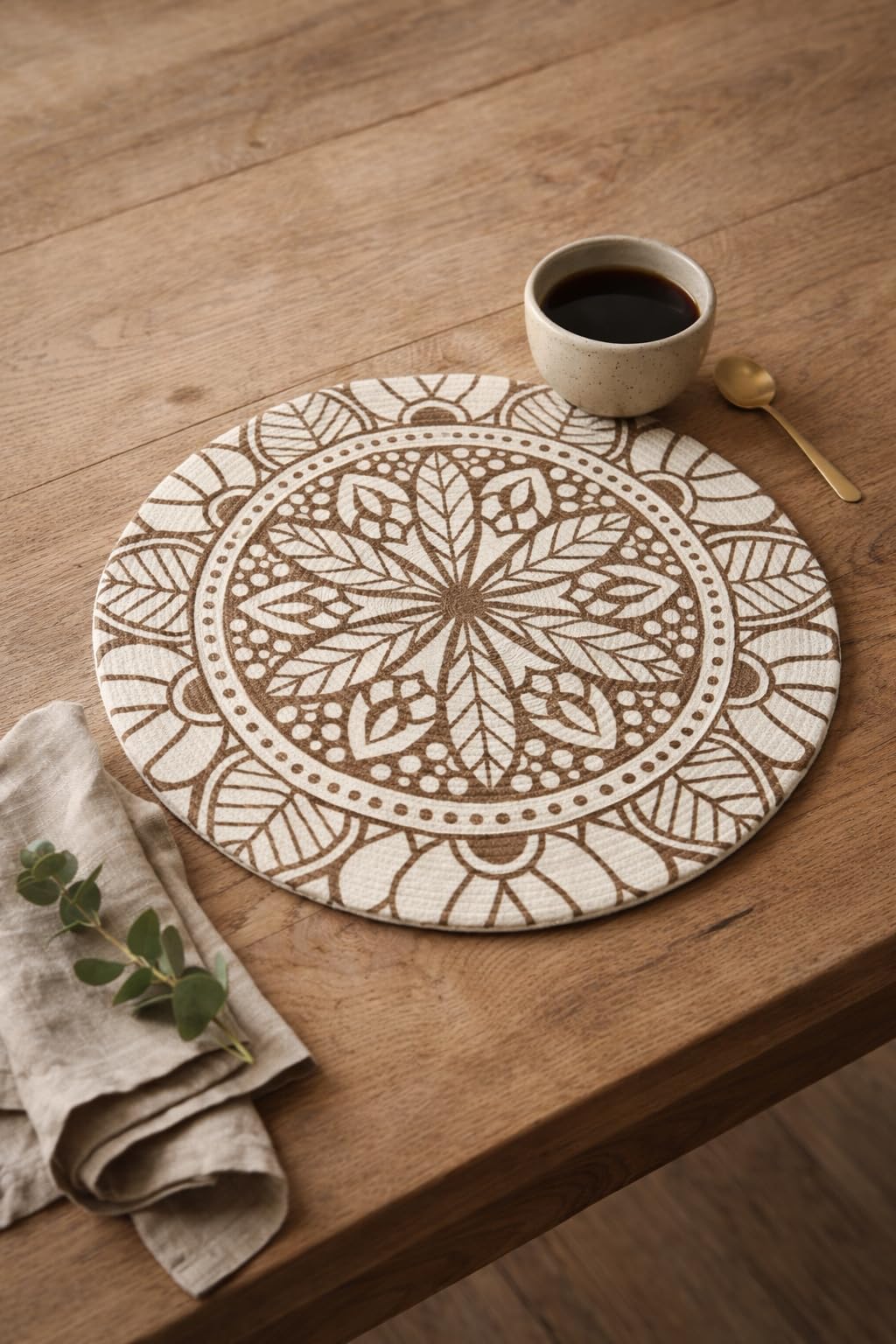 Prista Round Jute Placemat with Geometric/Boho Pattern | Handwoven Cotton Jute Table Mat | Boho Dining Table & Coffee Table Decor | 38 cm (1, Tribal Mandala)