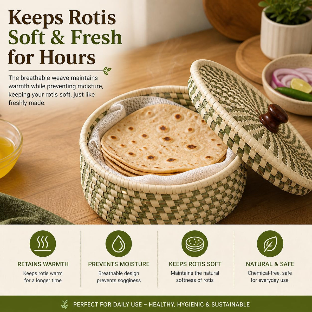 Handcrafted Sabai Grass Roti Box with Lid | Eco-Friendly Chapati Storage Basket for Kitchen | Natural Insulated Roti/Chapati Box with Wooden Knob – Keeps Rotis Warm (Red)