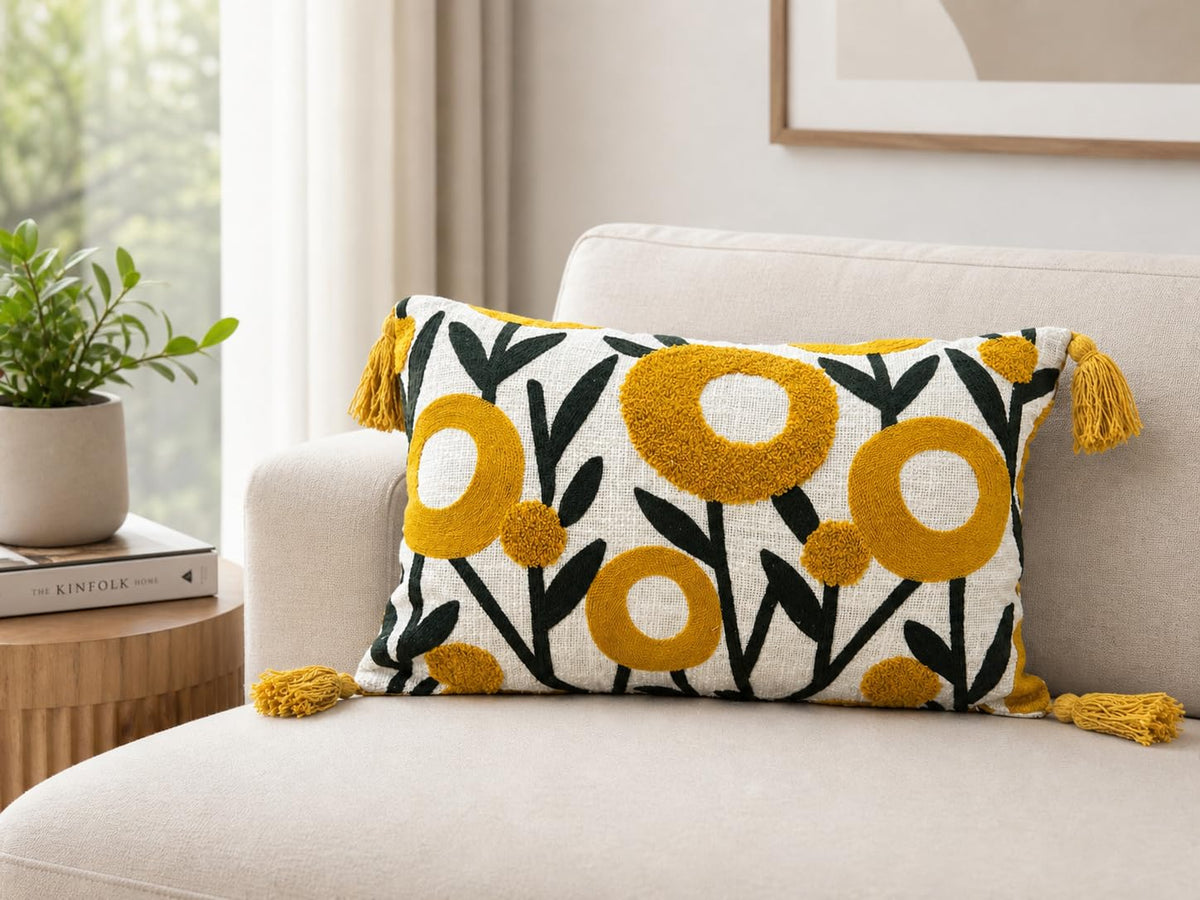 Prista Floral Embroidered Cushion Cover 12x20 Inch | Hand Embroidered Slub Cotton Lumbar Pillow Cover with Tassels | Boho Decorative Cushion for Sofa, Bed & Living Room (Autumn Bloom)