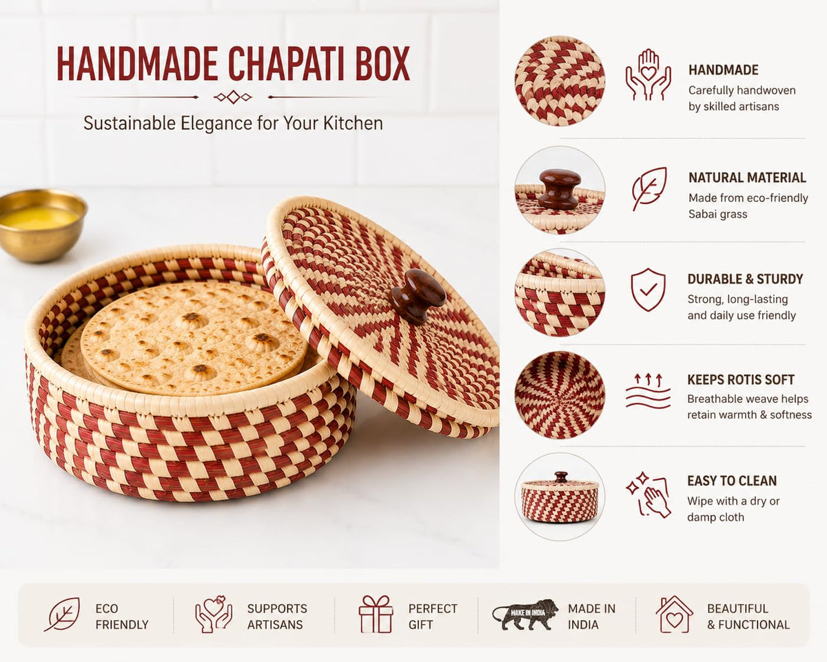 Handcrafted Sabai Grass Roti Box with Lid | Eco-Friendly Chapati Storage Basket for Kitchen | Natural Insulated Roti/Chapati Box with Wooden Knob – Keeps Rotis Warm (Red)