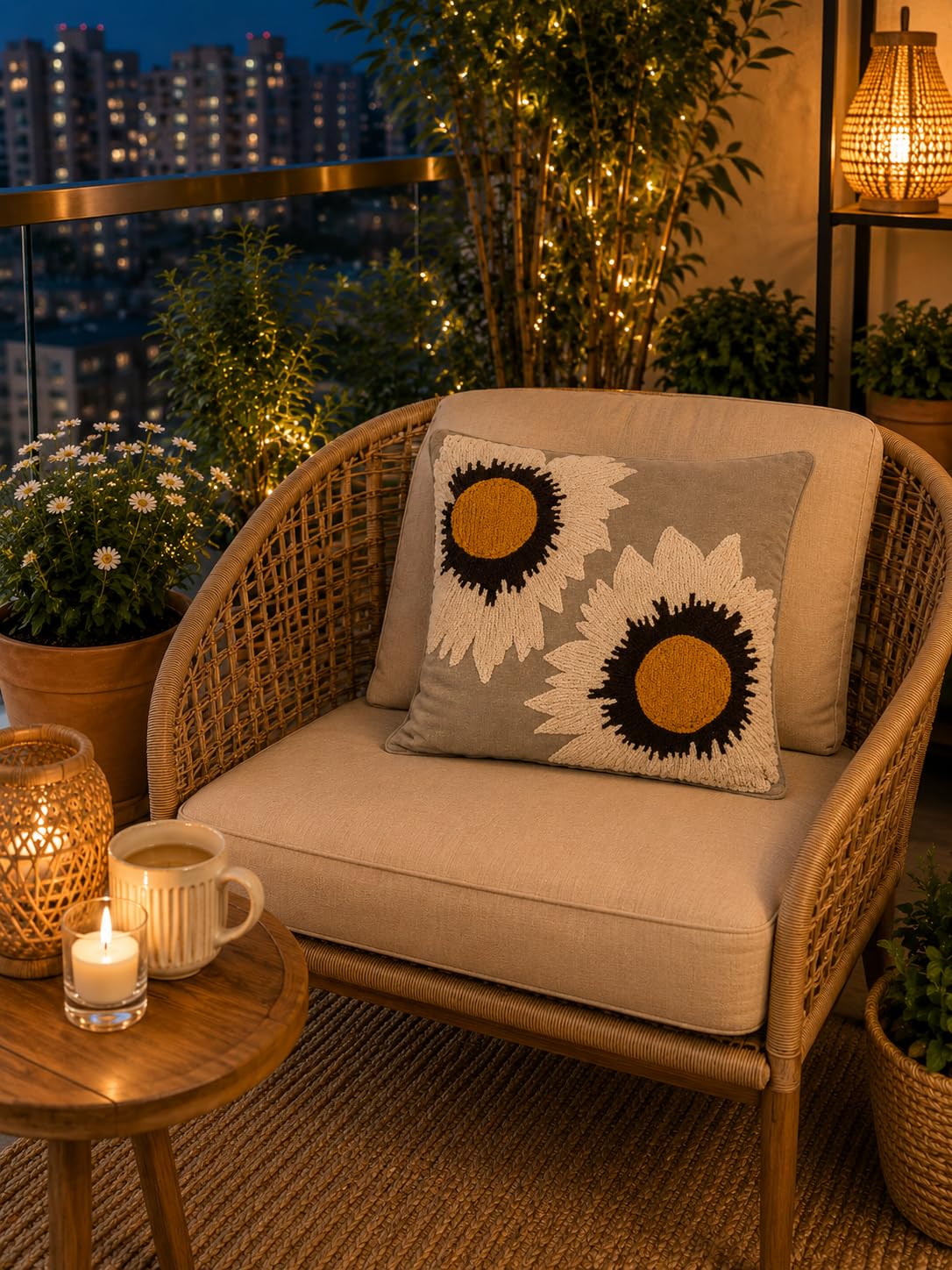 Prista Embroidered Cushion Cover 16x16 Inch | Decorative Textured Throw Pillow Cover for Sofa, Living Room & Bedroom | Cotton Slub Cushion Cover | Boho Home Decor | 40 x 40 cm (1, Golden Bloom)