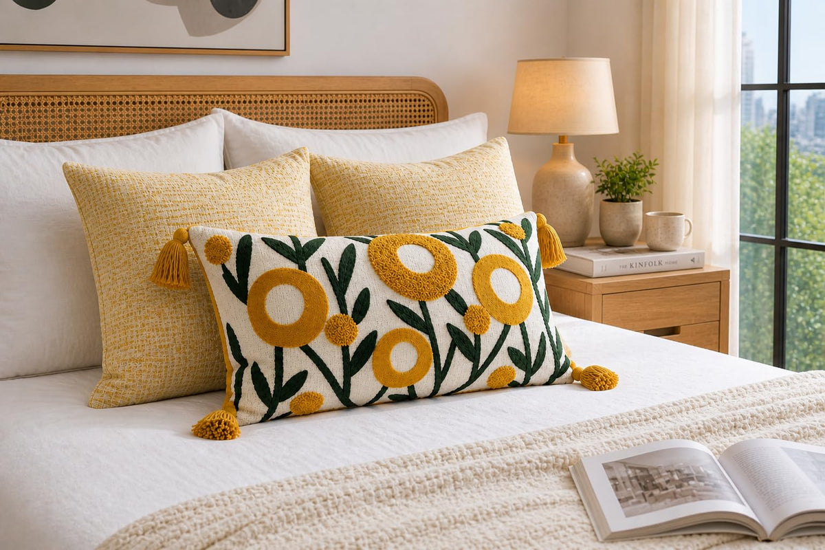 Prista Floral Embroidered Cushion Cover 12x20 Inch | Hand Embroidered Slub Cotton Lumbar Pillow Cover with Tassels | Boho Decorative Cushion for Sofa, Bed & Living Room (Autumn Bloom)