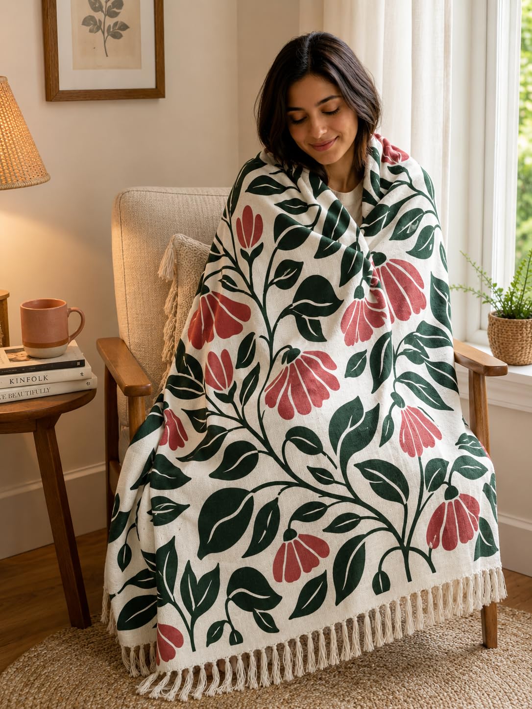 Prista Handblock Printed Throw Blanket with Tassels | Soft Cotton Decorative Throw for Sofa, Bed & Couch | Floral Printed Boho Throw Blanket for Living Room Decor (75x 52 inches) (Daisy)