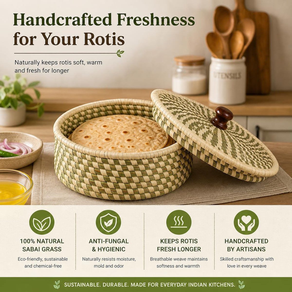 Handcrafted Sabai Grass Roti Box with Lid | Eco-Friendly Chapati Storage Basket for Kitchen | Natural Insulated Roti/Chapati Box with Wooden Knob – Keeps Rotis Warm (Red)