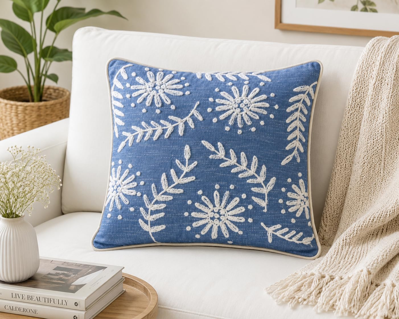 Prista Embroidered Cushion Cover 16x16 Inch | Decorative Textured Throw Pillow Cover for Sofa, Living Room & Bedroom | Cotton Slub Cushion Cover | Boho Home Decor | 40 x 40 cm (1, Golden Bloom)
