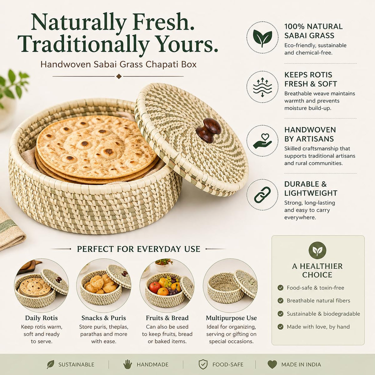 Handcrafted Sabai Grass Roti Box with Lid | Eco-Friendly Chapati Storage Basket for Kitchen | Natural Insulated Roti/Chapati Box with Wooden Knob – Keeps Rotis Warm (Red)