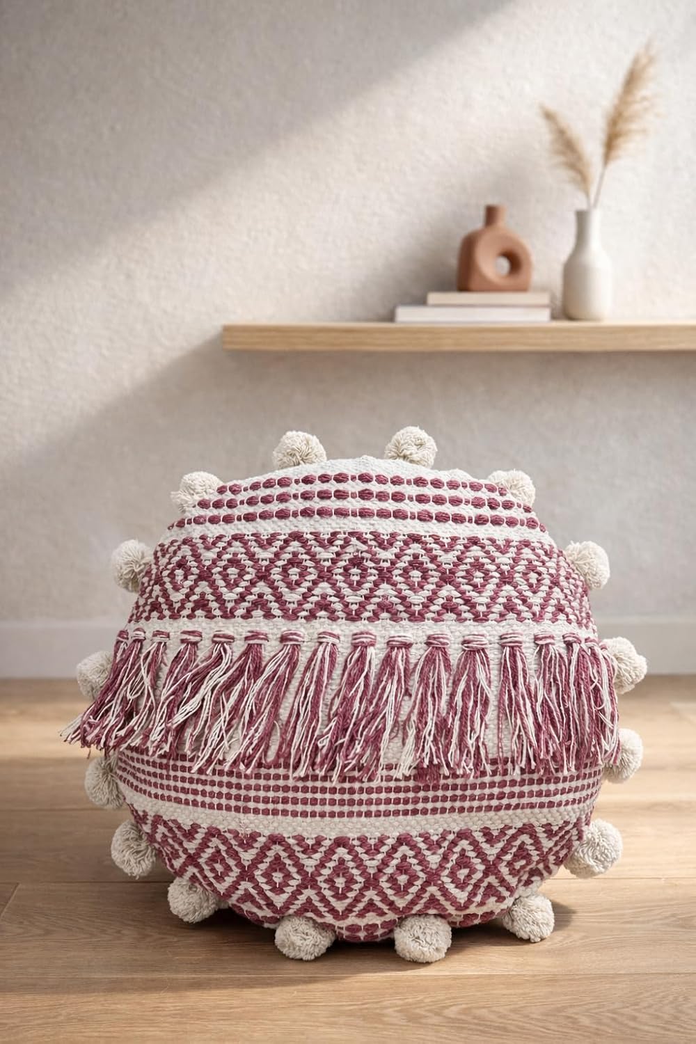 Prista Boho Round Cushion Cover with Pom Poms | Cotton Linen Textured | 16 x 16 inch | Sofa, Balcony & Bed Decor