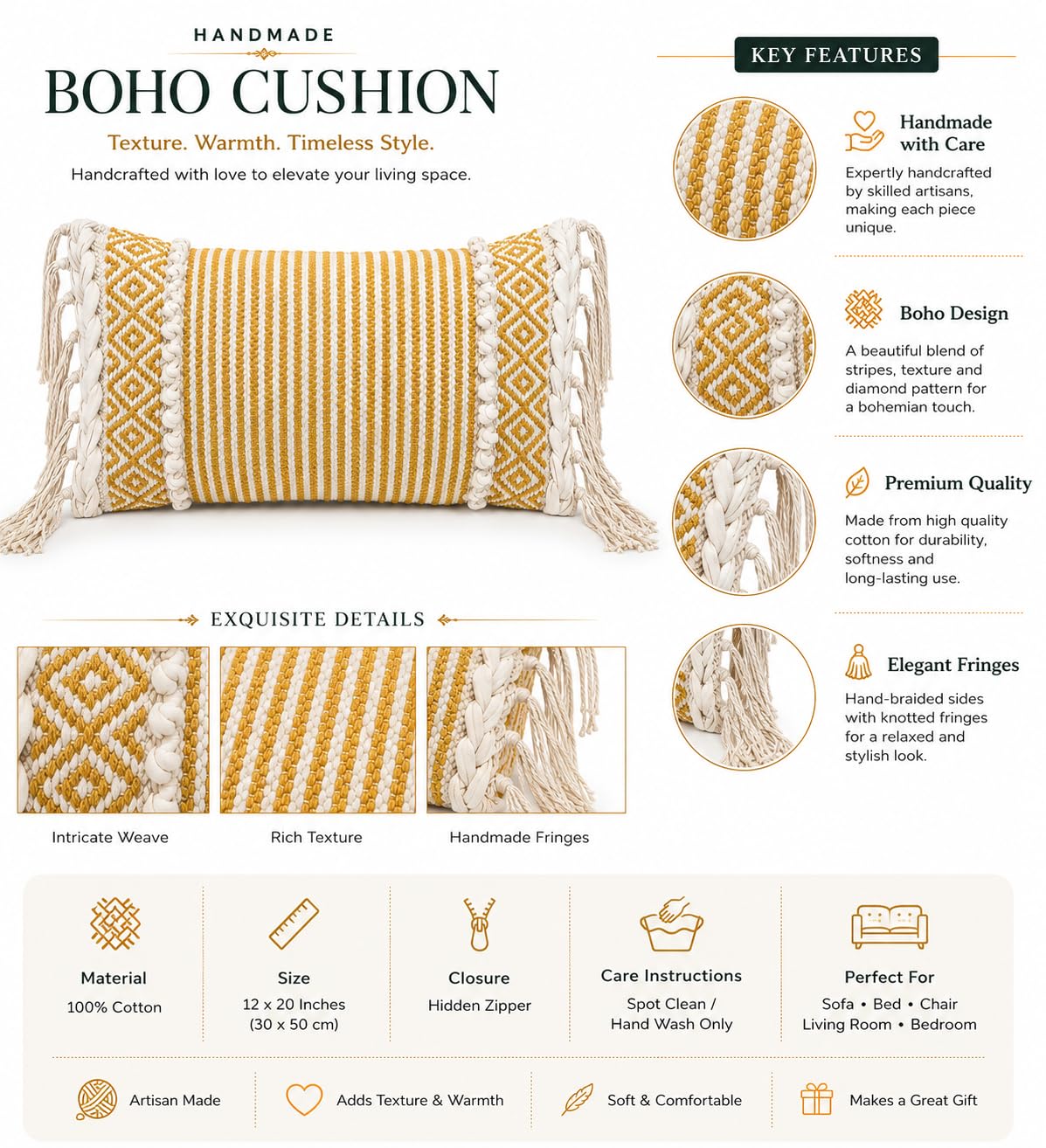 Boho Cotton Lumbar Cushion Cover 20x12 Inch with Fringe & Hidden Zip – Premium Decorative Rectangular Cushion for Sofa, Bed & Living Room Home Décor