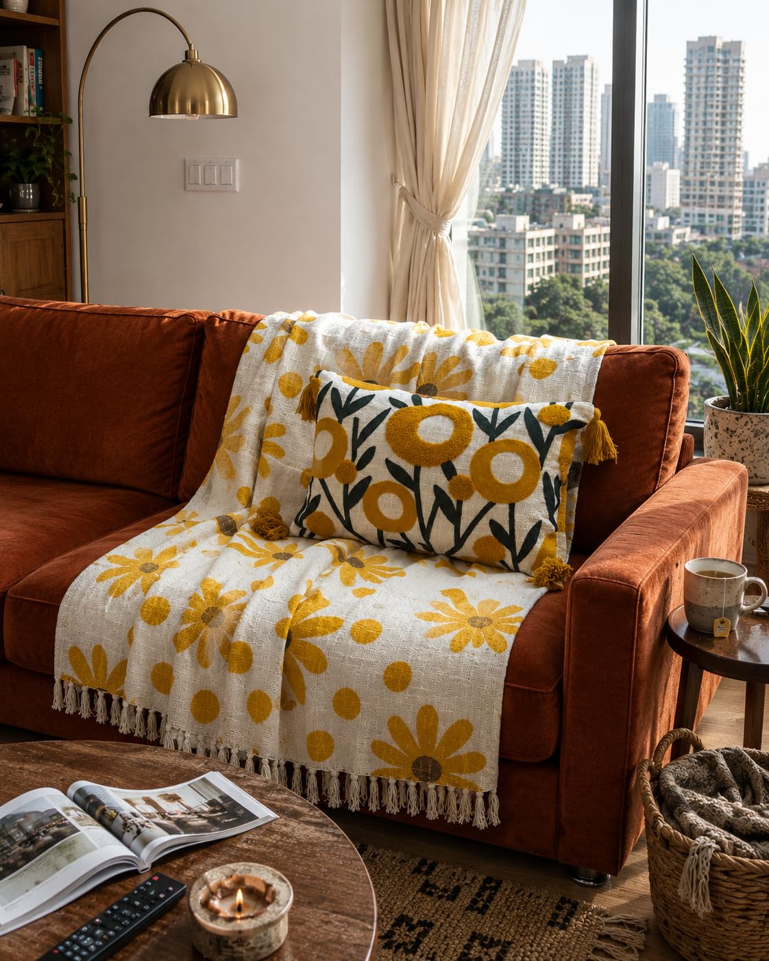 Prista Handblock Printed Throw Blanket with Tassels | Soft Cotton Decorative Throw for Sofa, Bed & Couch | Floral Printed Boho Throw Blanket for Living Room Decor (75x 52 inches) (Daisy)