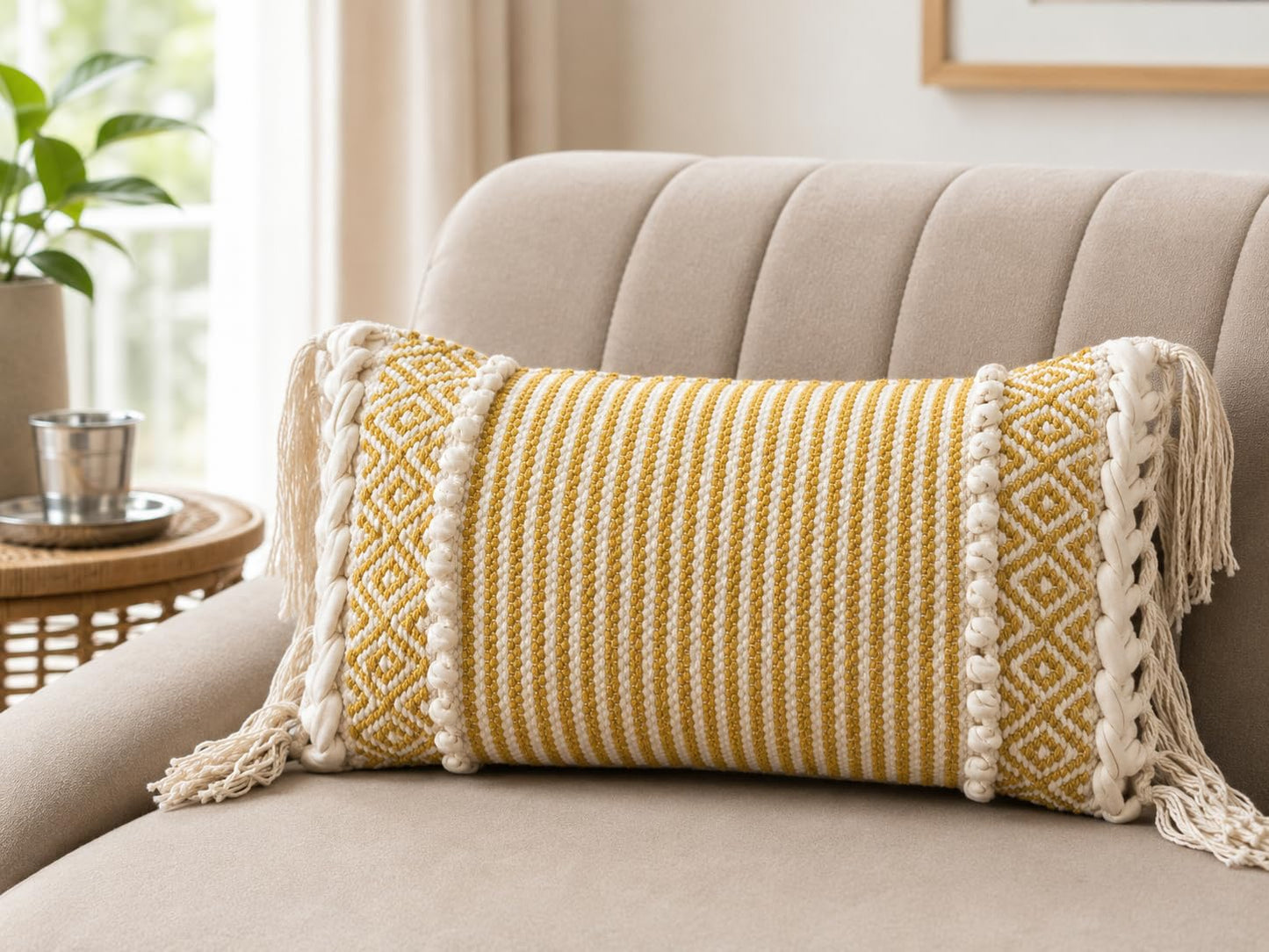 Boho Cotton Lumbar Cushion Cover 20x12 Inch with Fringe & Hidden Zip – Premium Decorative Rectangular Cushion for Sofa, Bed & Living Room Home Décor
