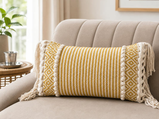 Boho Cotton Lumbar Cushion Cover 20x12 Inch with Fringe & Hidden Zip – Premium Decorative Rectangular Cushion for Sofa, Bed & Living Room Home Décor