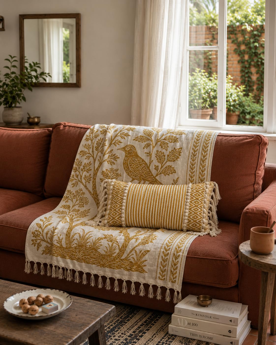 Prista Handblock Printed Throw Blanket with Tassels | Soft Cotton Decorative Throw for Sofa, Bed & Couch | Floral Printed Boho Throw Blanket for Living Room Decor (75x 52 inches) (Daisy)
