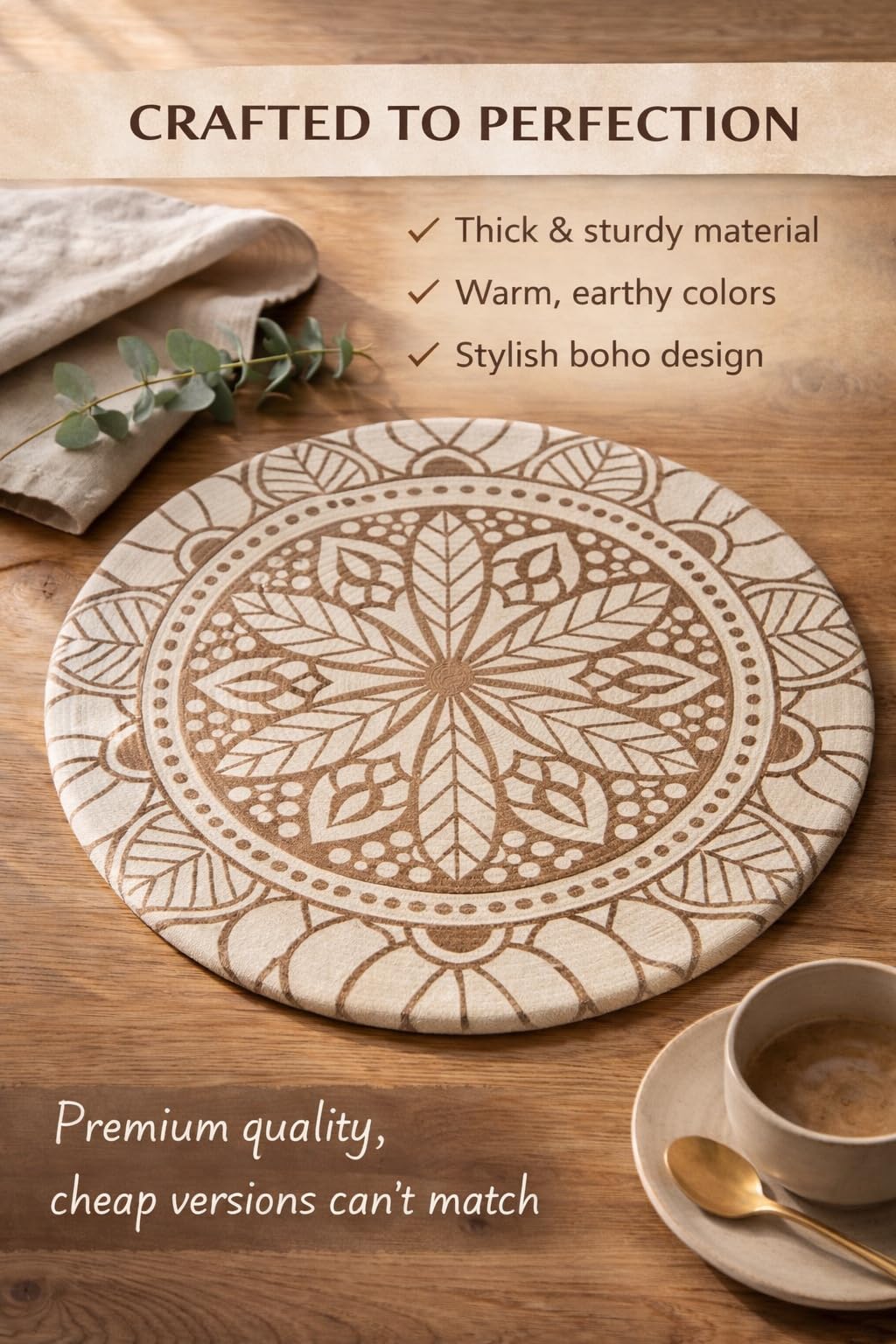 Prista Round Jute Placemat with Geometric/Boho Pattern | Handwoven Cotton Jute Table Mat | Boho Dining Table & Coffee Table Decor | 38 cm (1, Tribal Mandala)