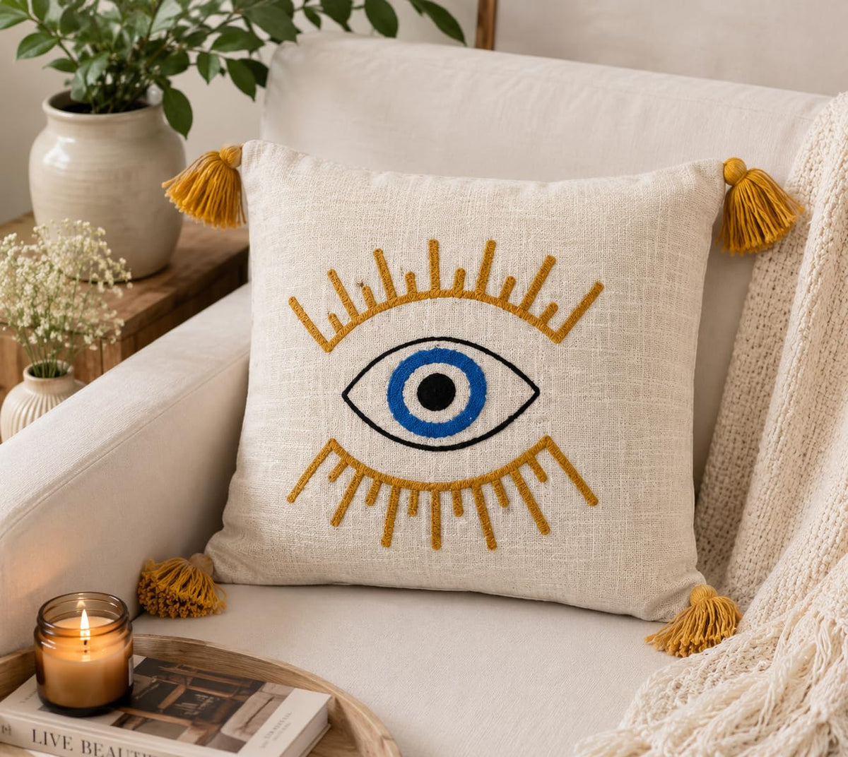 Prista Embroidered Cushion Cover 16x16 Inch | Decorative Textured Throw Pillow Cover for Sofa, Living Room & Bedroom | Cotton Slub Cushion Cover | Boho Home Decor | 40 x 40 cm (1, Golden Bloom)