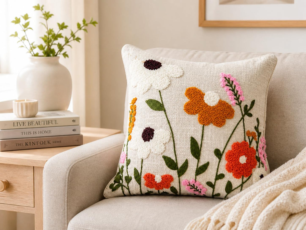 Prista Embroidered Cushion Cover 16x16 Inch | Decorative Textured Throw Pillow Cover for Sofa, Living Room & Bedroom | Cotton Slub Cushion Cover | Boho Home Decor | 40 x 40 cm (1, Golden Bloom)