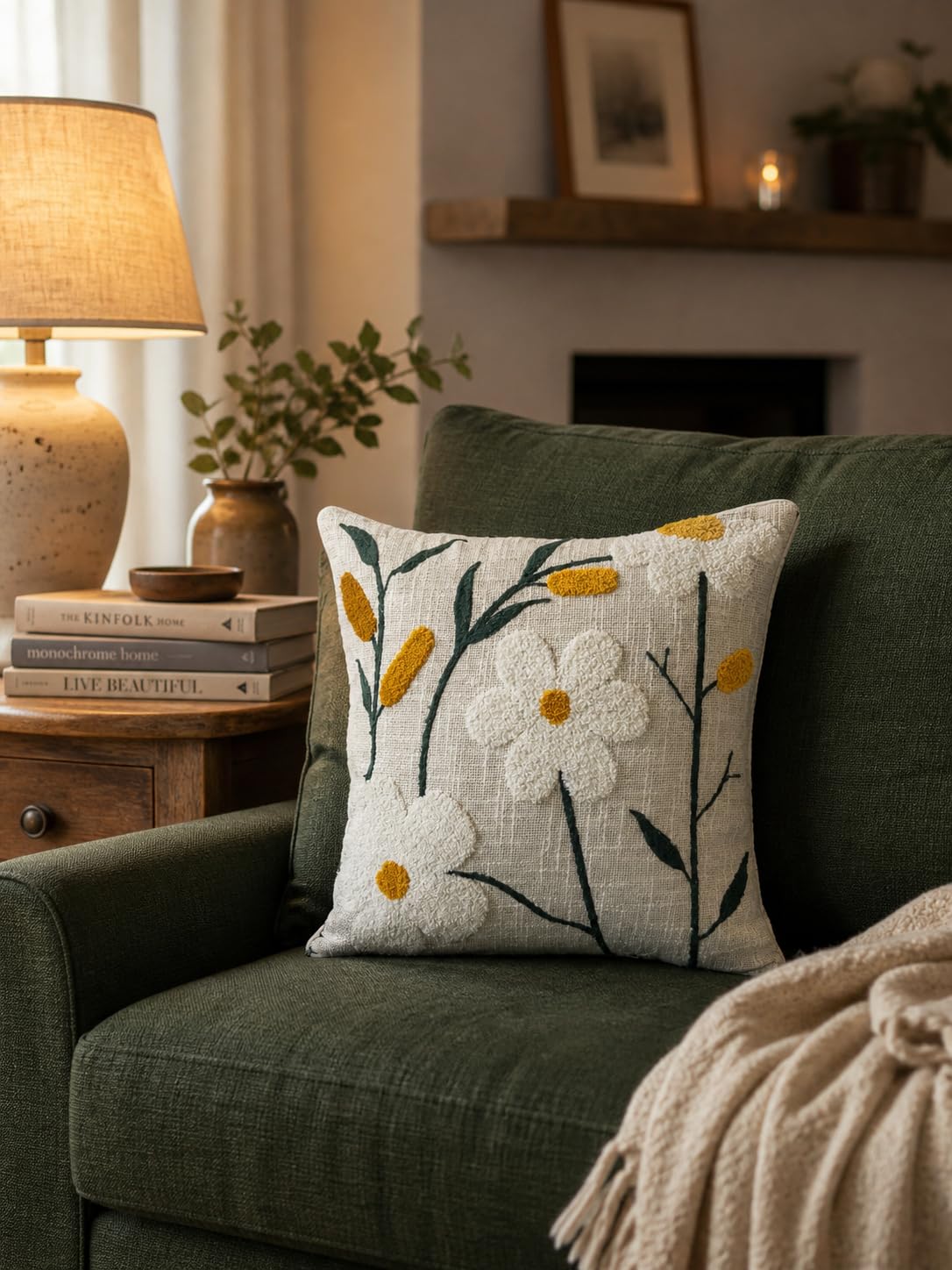 Prista Embroidered Cushion Cover 16x16 Inch | Decorative Textured Throw Pillow Cover for Sofa, Living Room & Bedroom | Cotton Slub Cushion Cover | Boho Home Decor | 40 x 40 cm (1, Golden Bloom)