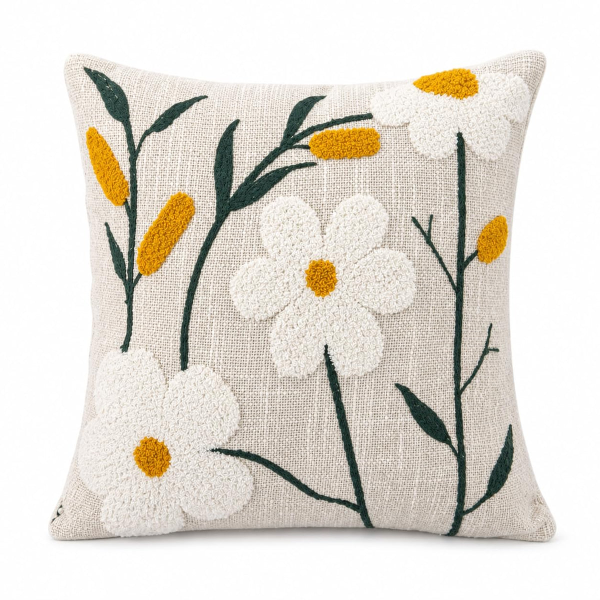 Prista Embroidered Cushion Cover 16x16 Inch | Decorative Textured Throw Pillow Cover for Sofa, Living Room & Bedroom | Cotton Slub Cushion Cover | Boho Home Decor | 40 x 40 cm (1, Golden Bloom)