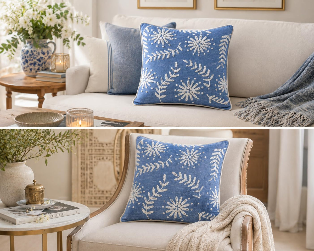Prista Embroidered Cushion Cover 16x16 Inch | Decorative Textured Throw Pillow Cover for Sofa, Living Room & Bedroom | Cotton Slub Cushion Cover | Boho Home Decor | 40 x 40 cm (1, Golden Bloom)