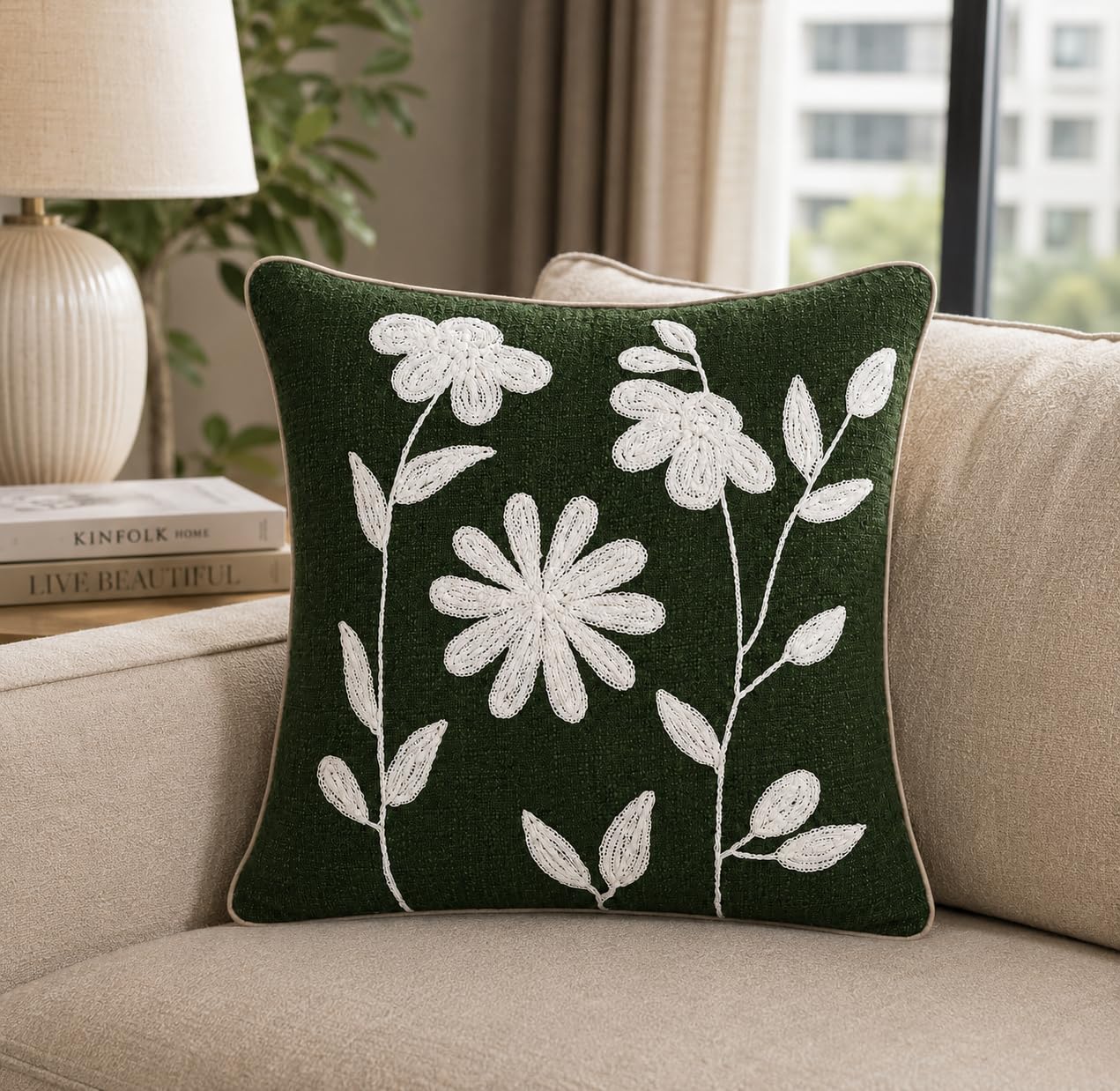 Prista Embroidered Cushion Cover 16x16 Inch | Decorative Textured Throw Pillow Cover for Sofa, Living Room & Bedroom | Cotton Slub Cushion Cover | Boho Home Decor | 40 x 40 cm (1, Golden Bloom)