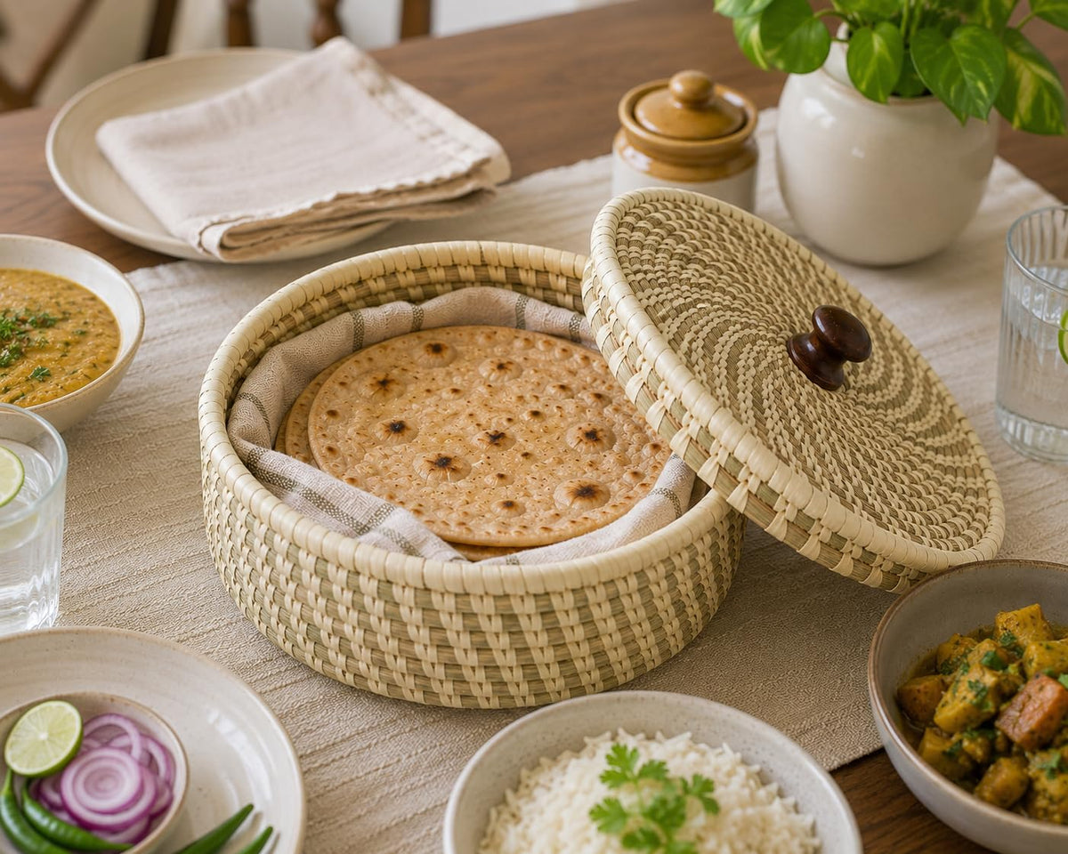 Handcrafted Sabai Grass Roti Box with Lid | Eco-Friendly Chapati Storage Basket for Kitchen | Natural Insulated Roti/Chapati Box with Wooden Knob – Keeps Rotis Warm (Red)