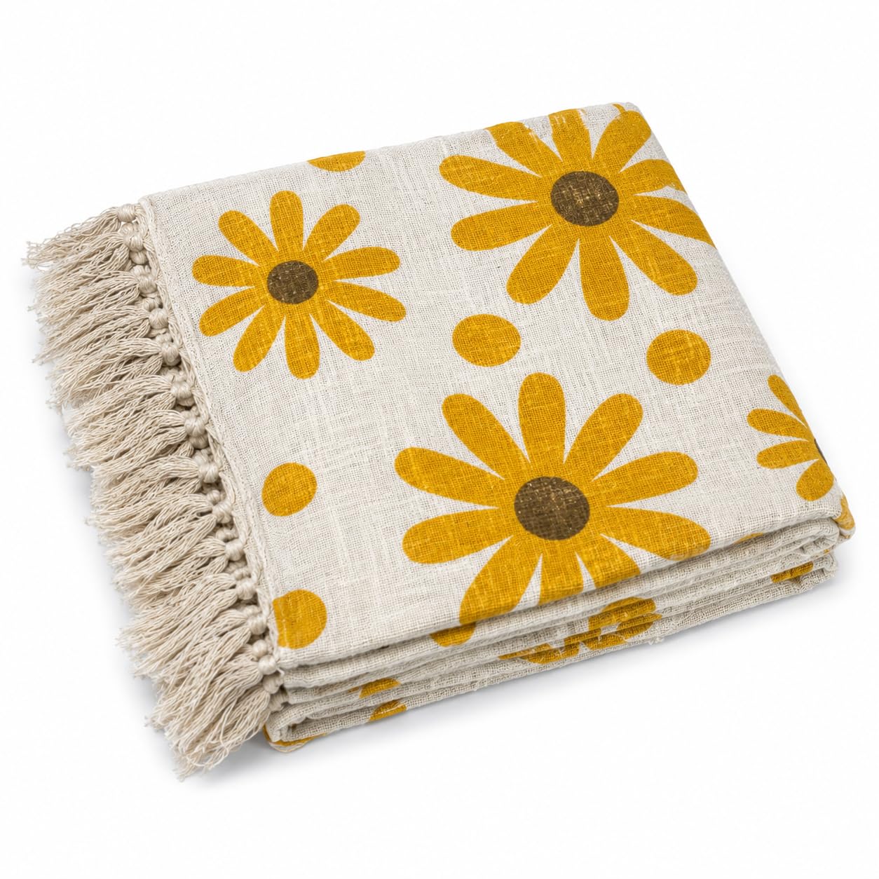 Prista Handblock Printed Throw Blanket with Tassels | Soft Cotton Decorative Throw for Sofa, Bed & Couch | Floral Printed Boho Throw Blanket for Living Room Decor (75x 52 inches) (Daisy)