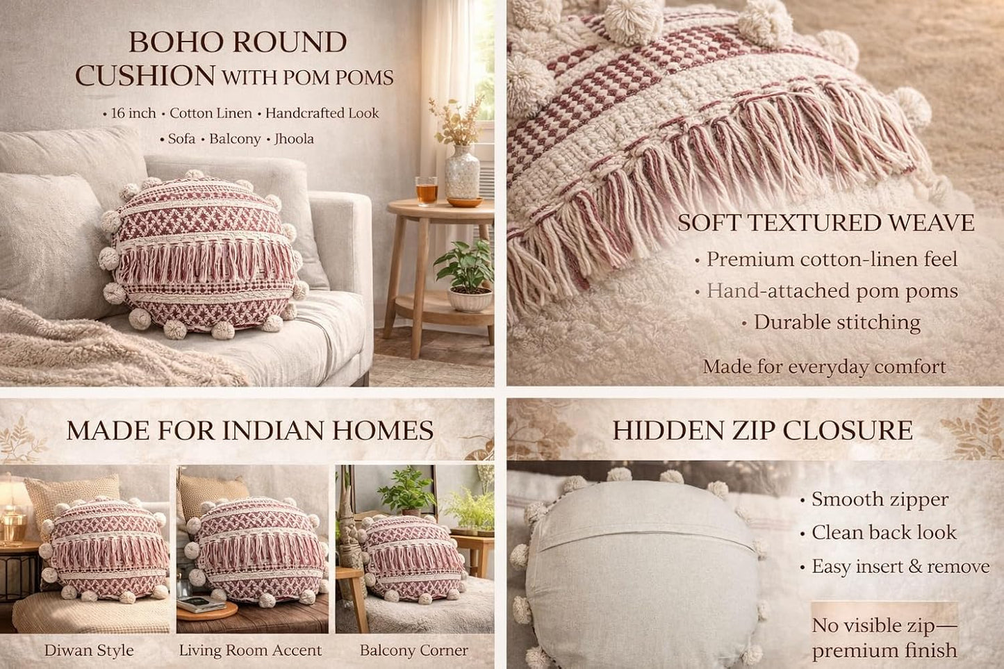 Prista Boho Round Cushion Cover with Pom Poms | Cotton Linen Textured | 16 x 16 inch | Sofa, Balcony & Bed Decor