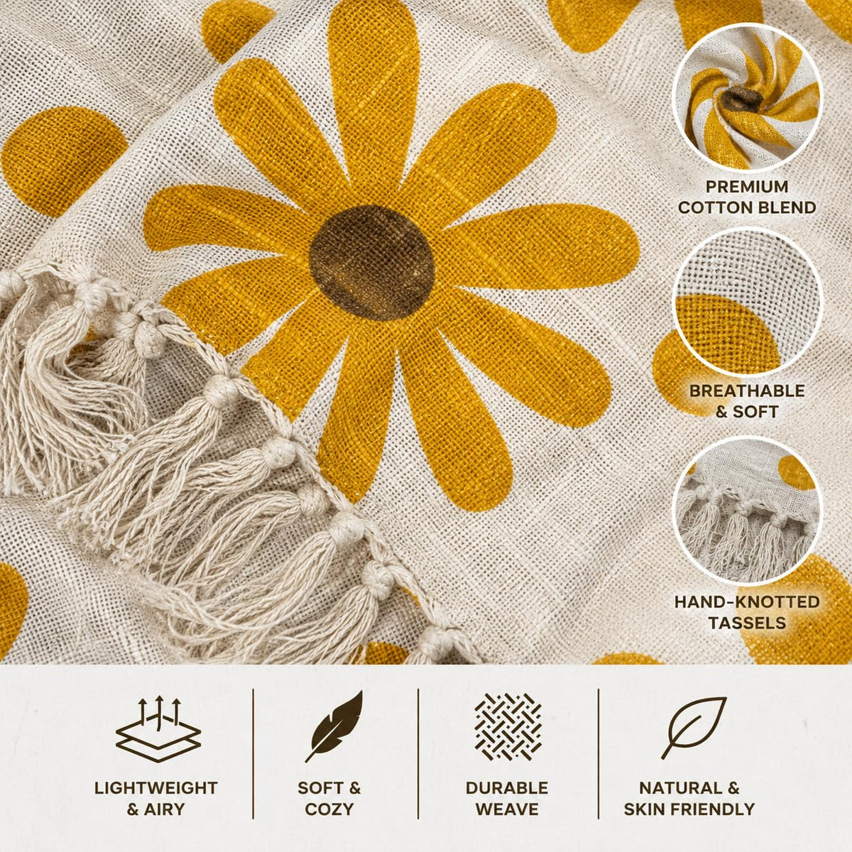 Prista Handblock Printed Throw Blanket with Tassels | Soft Cotton Decorative Throw for Sofa, Bed & Couch | Floral Printed Boho Throw Blanket for Living Room Decor (75x 52 inches) (Daisy)