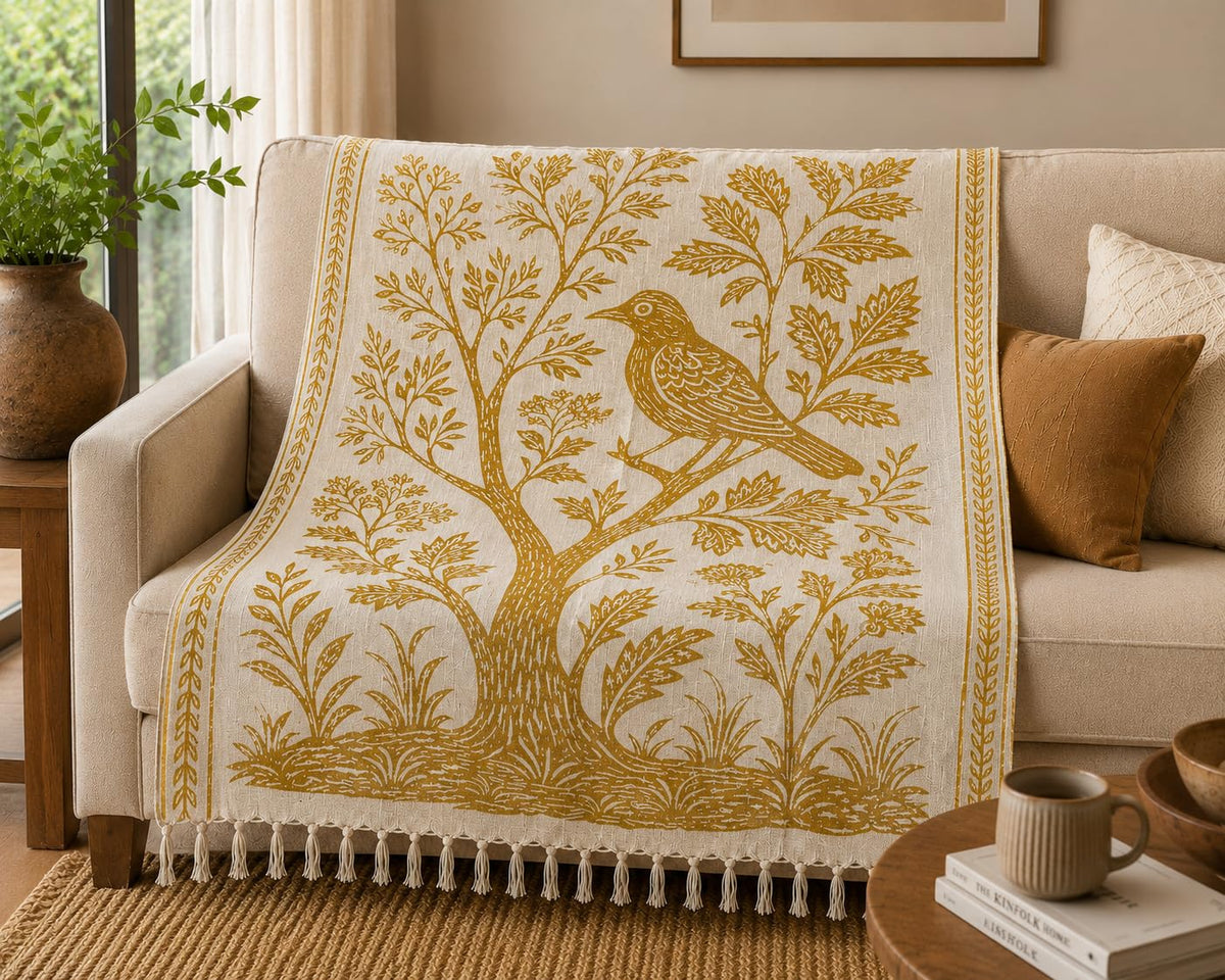 Prista Handblock Printed Throw Blanket with Tassels | Soft Cotton Decorative Throw for Sofa, Bed & Couch | Floral Printed Boho Throw Blanket for Living Room Decor (75x 52 inches) (Daisy)