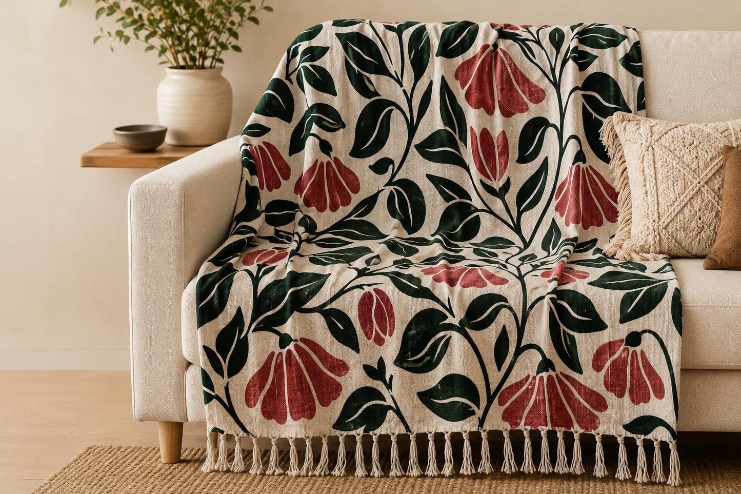 Prista Handblock Printed Throw Blanket with Tassels | Soft Cotton Decorative Throw for Sofa, Bed & Couch | Floral Printed Boho Throw Blanket for Living Room Decor (75x 52 inches) (Daisy)