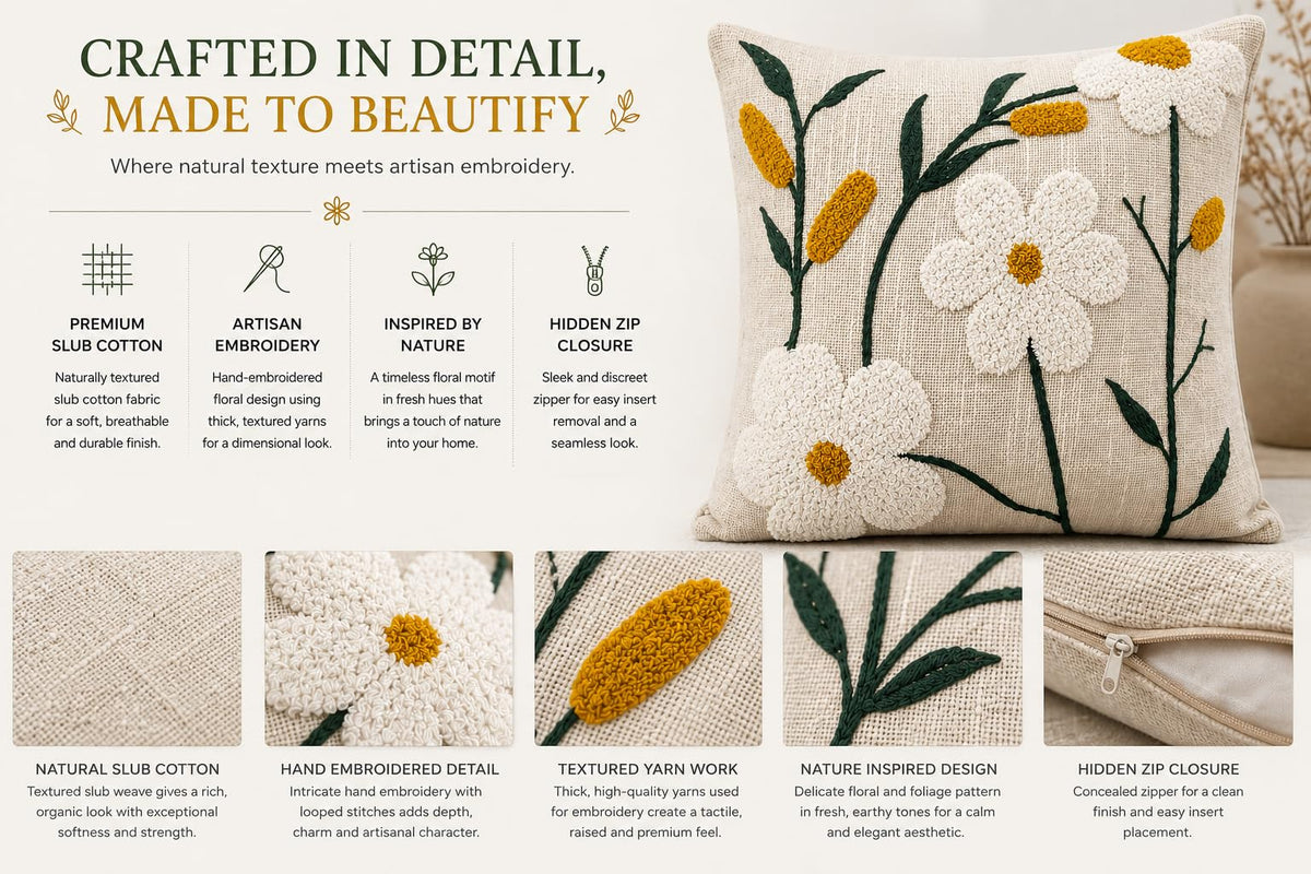 Prista Embroidered Cushion Cover 16x16 Inch | Decorative Textured Throw Pillow Cover for Sofa, Living Room & Bedroom | Cotton Slub Cushion Cover | Boho Home Decor | 40 x 40 cm (1, Golden Bloom)