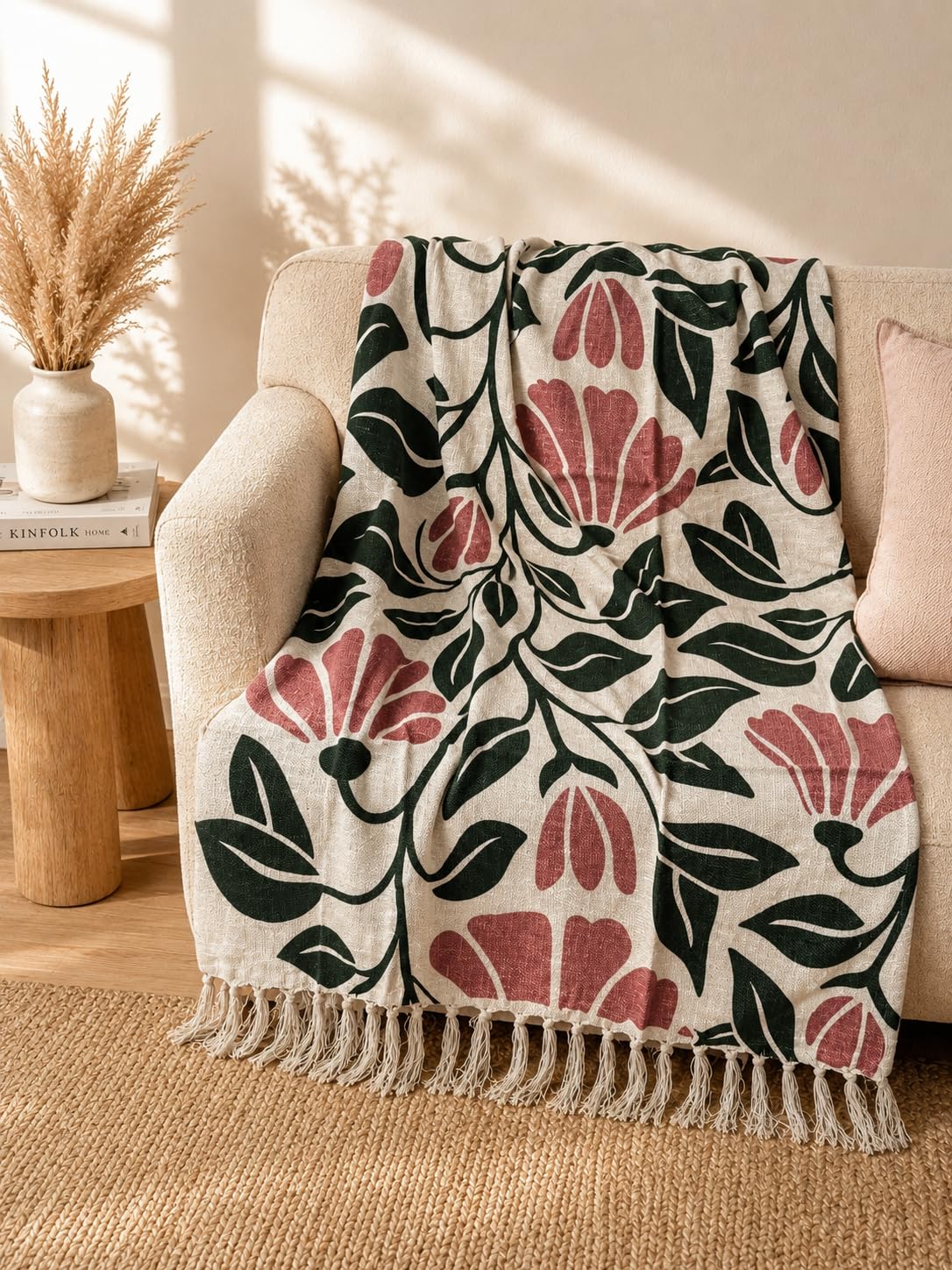 Prista Handblock Printed Throw Blanket with Tassels | Soft Cotton Decorative Throw for Sofa, Bed & Couch | Floral Printed Boho Throw Blanket for Living Room Decor (75x 52 inches) (Daisy)