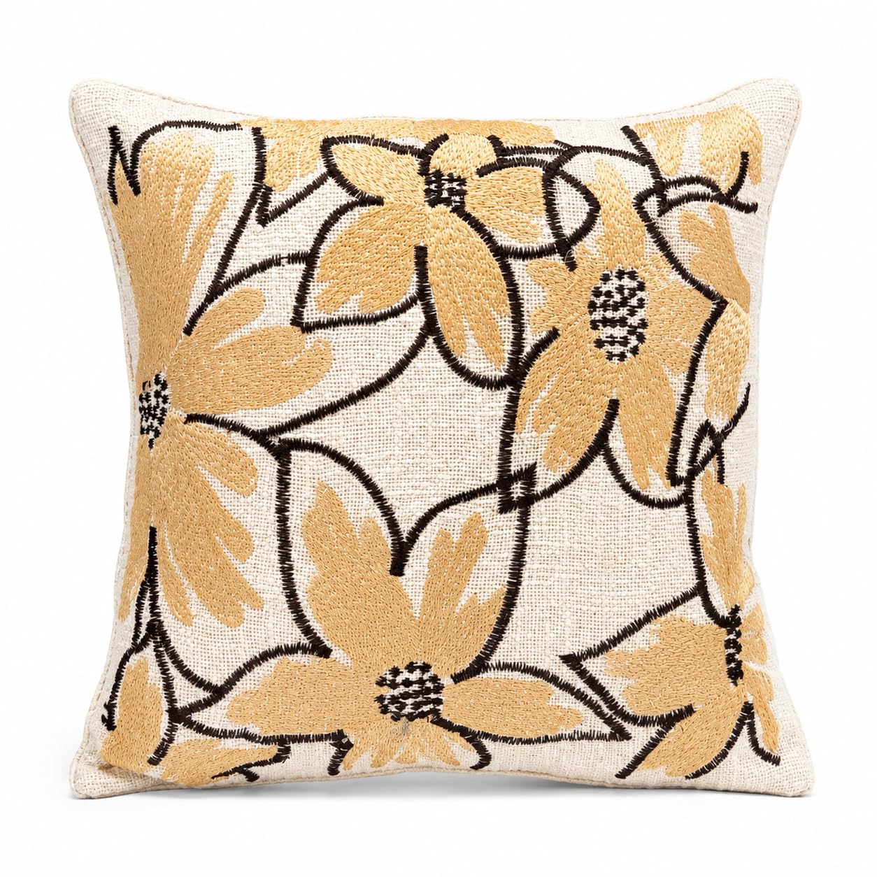 Prista Embroidered Cushion Cover 16x16 Inch | Decorative Textured Throw Pillow Cover for Sofa, Living Room & Bedroom | Cotton Slub Cushion Cover | Boho Home Decor | 40 x 40 cm (1, Golden Bloom)